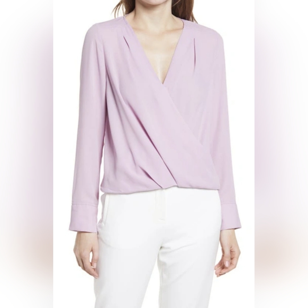 NWT Halogen Cross Front Long Sleeve Blouse in Purple Bloom | Size L